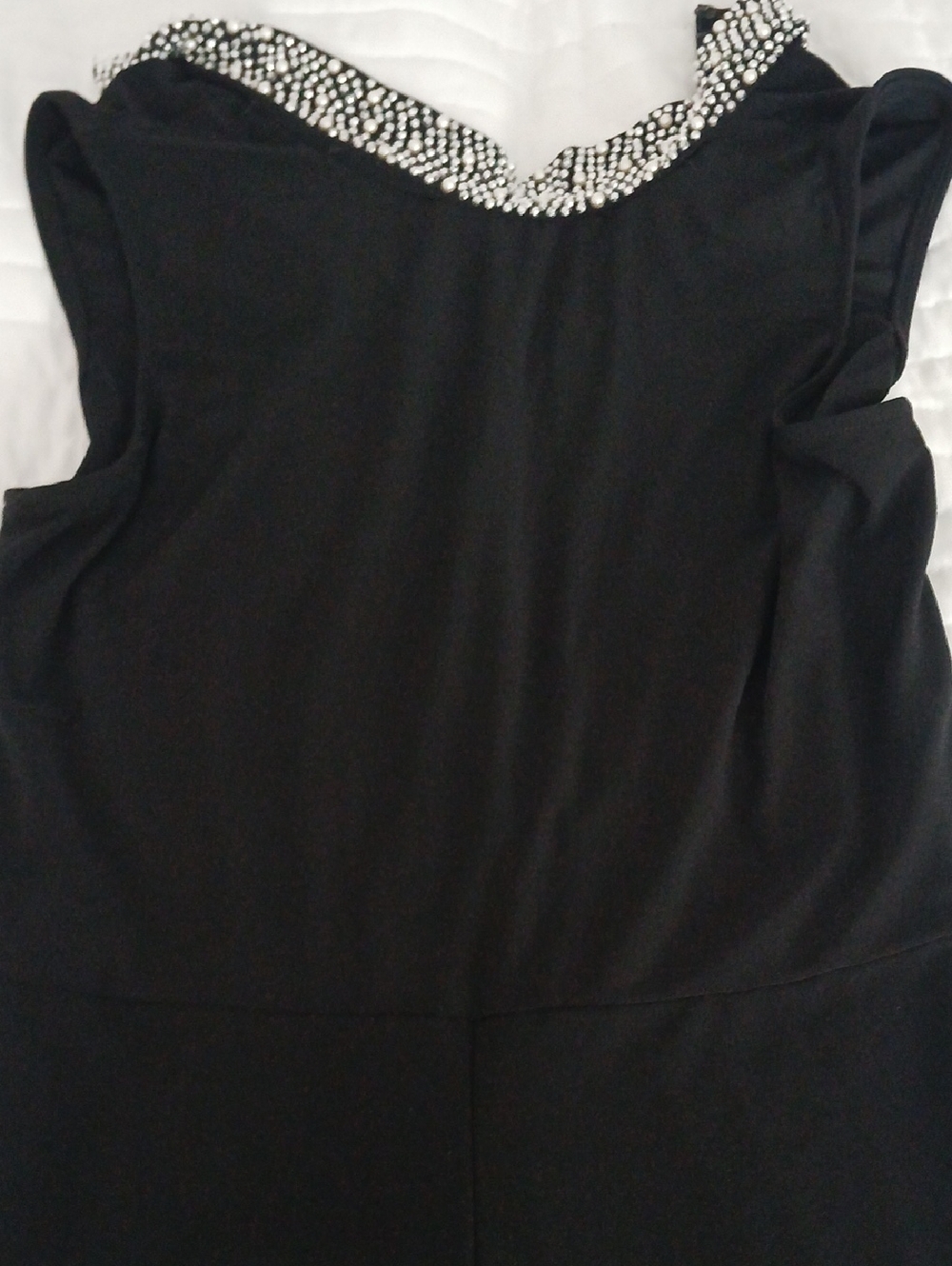 Black Sleeveless Jumpsuit with Crystal-Trim V-Neck EUC 42 Inch Length